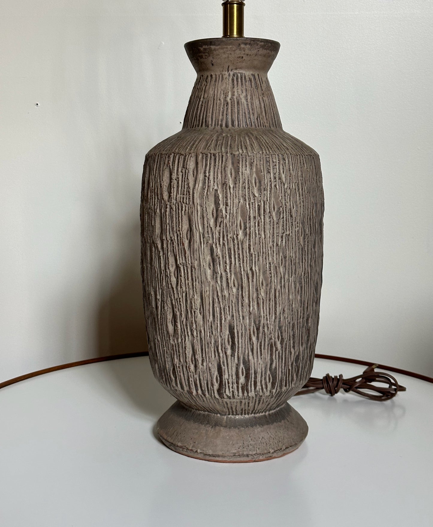 SOLD – 1960s Design Technics Ceramic Table Lamp with Deeply Incised Decor Mid Century
