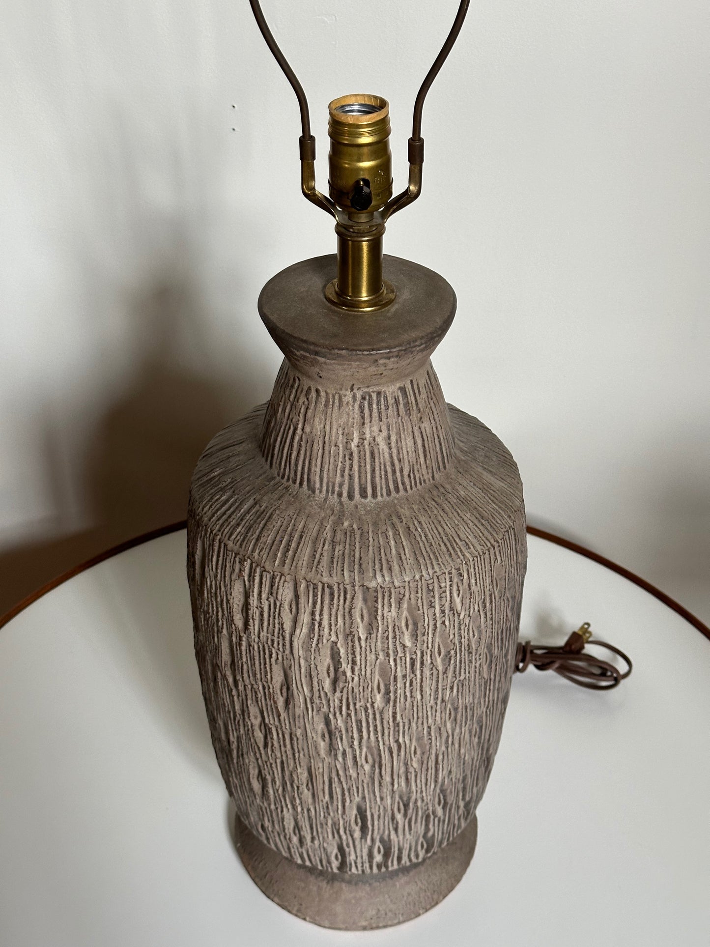 SOLD – 1960s Design Technics Ceramic Table Lamp with Deeply Incised Decor Mid Century