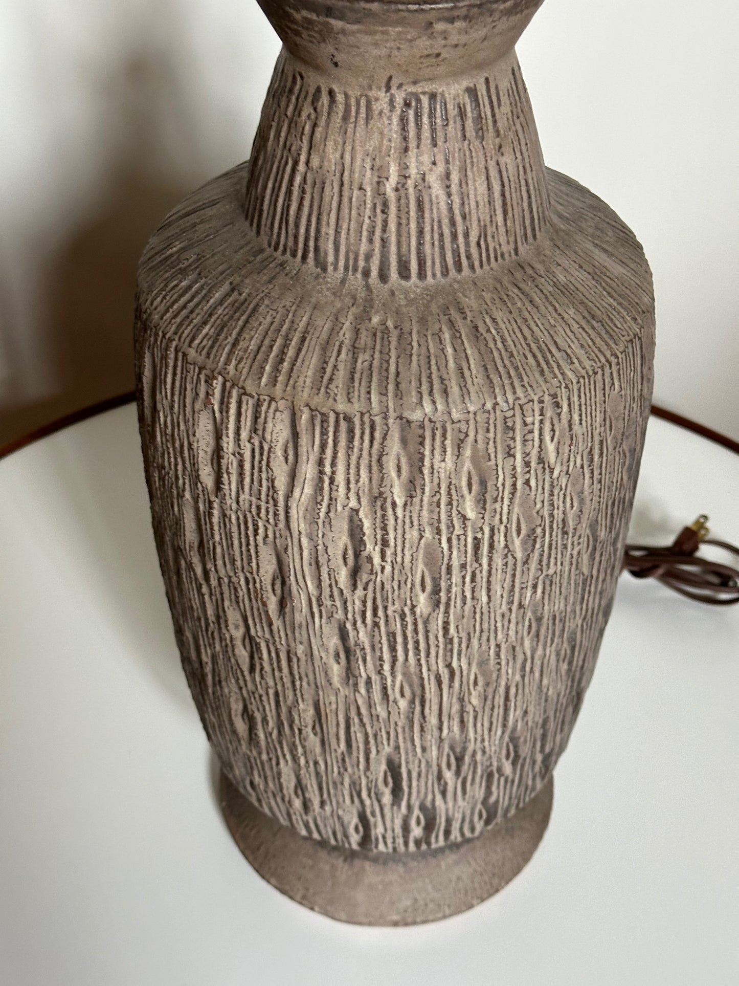 SOLD – 1960s Design Technics Ceramic Table Lamp with Deeply Incised Decor Mid Century