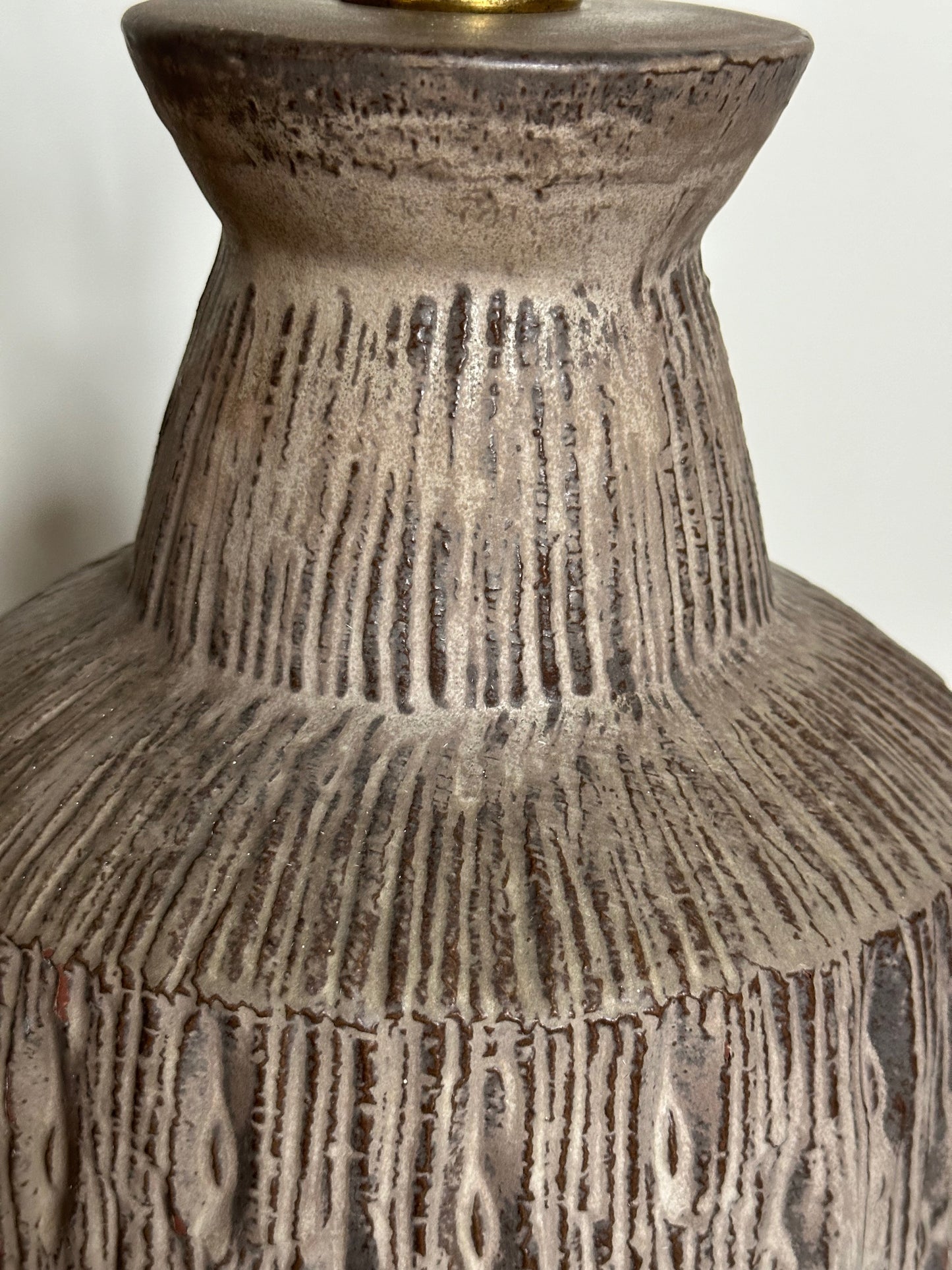 SOLD – 1960s Design Technics Ceramic Table Lamp with Deeply Incised Decor Mid Century