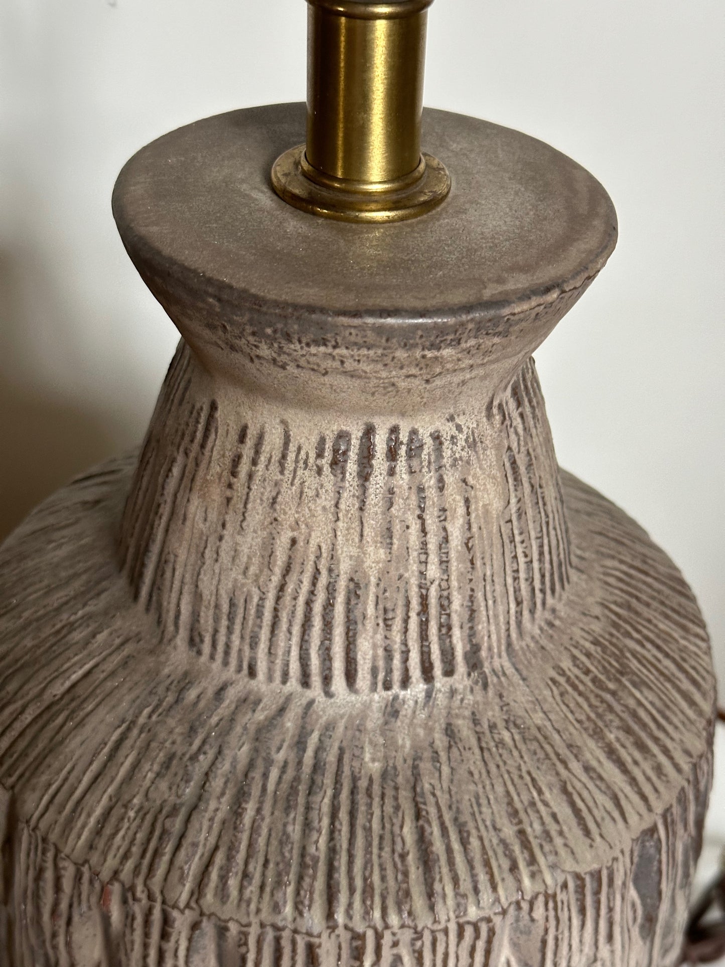 SOLD – 1960s Design Technics Ceramic Table Lamp with Deeply Incised Decor Mid Century