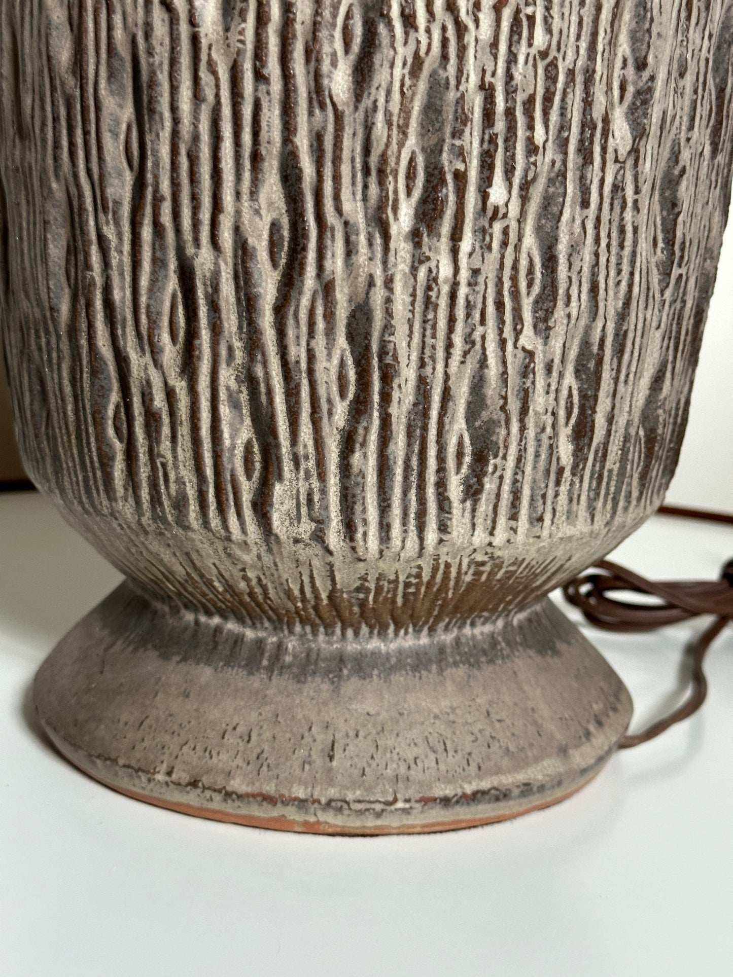 SOLD – 1960s Design Technics Ceramic Table Lamp with Deeply Incised Decor Mid Century