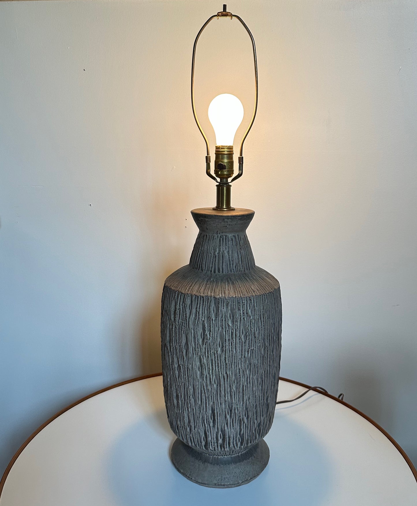 SOLD – 1960s Design Technics Ceramic Table Lamp with Deeply Incised Decor Mid Century