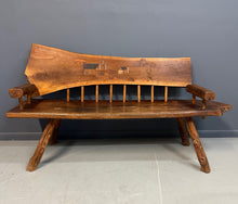 Load image into Gallery viewer, 1970s Outsider Artist Country Solid Slab Bench with Marquetry Barn Scene