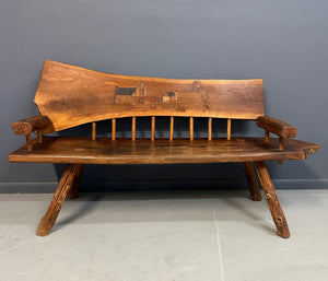 1970s Outsider Artist Country Solid Slab Bench with Marquetry Barn Scene