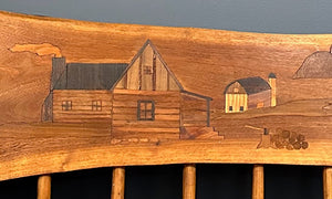 1970s Outsider Artist Country Solid Slab Bench with Marquetry Barn Scene