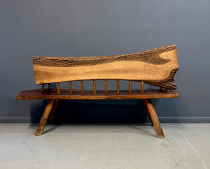 1970s Outsider Artist Country Solid Slab Bench with Marquetry Barn Scene