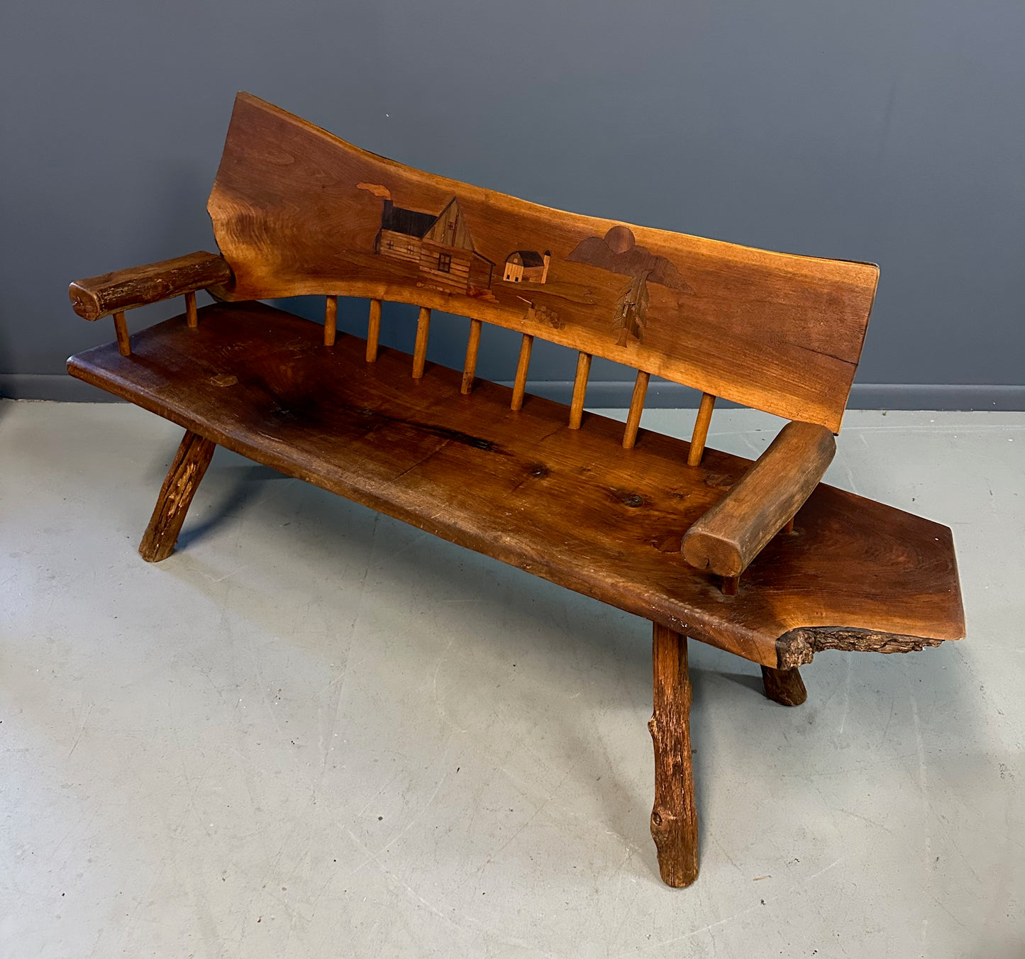 1970s Outsider Artist Country Solid Slab Bench with Marquetry Barn Scene