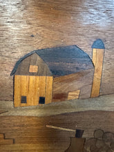 Load image into Gallery viewer, 1970s Outsider Artist Country Solid Slab Bench with Marquetry Barn Scene