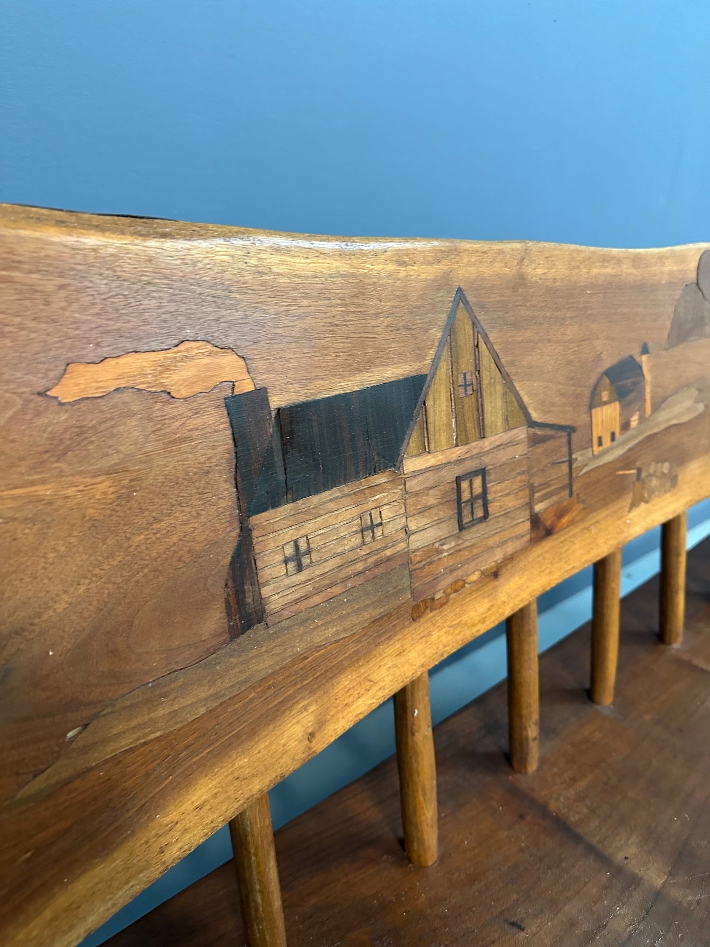 1970s Outsider Artist Country Solid Slab Bench with Marquetry Barn Scene