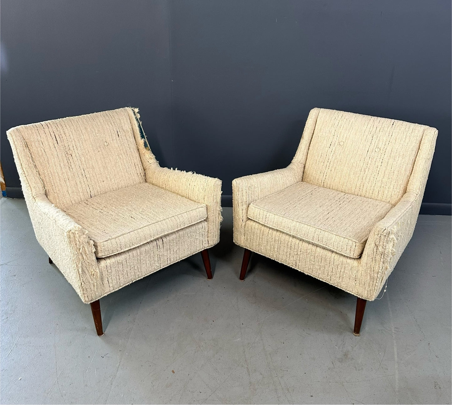 SOLD – Pair of Early Milo Baughman Style Mid Century Armchairs with Walnut Legs