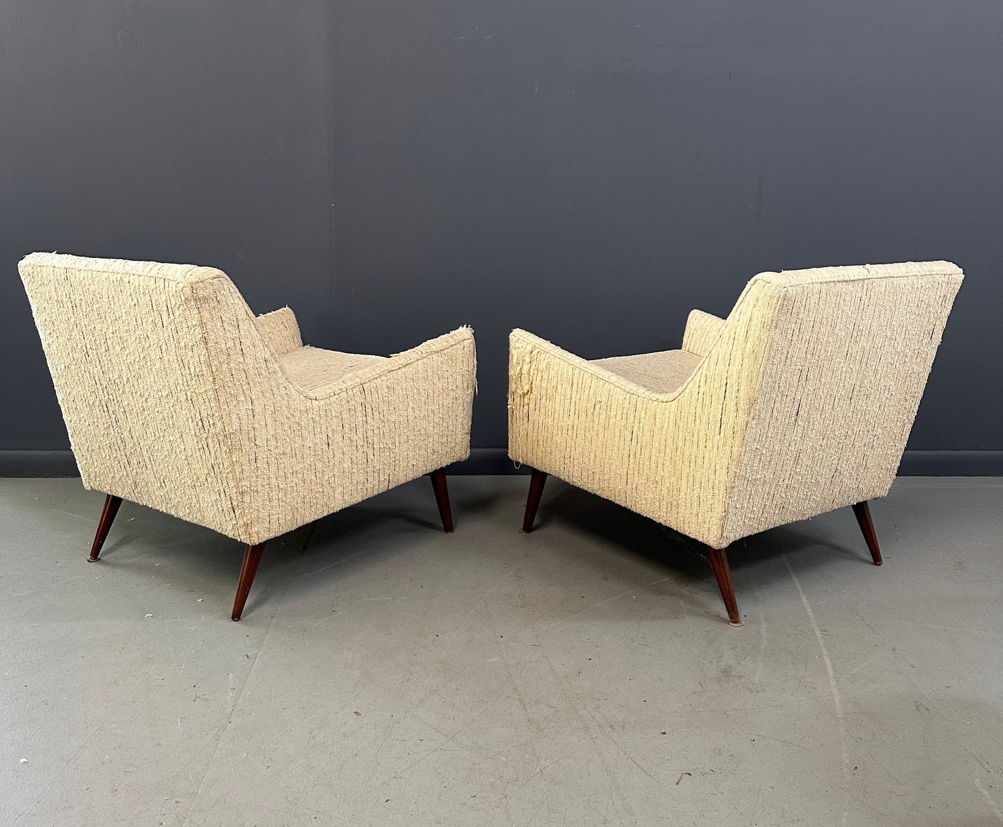 SOLD – Pair of Early Milo Baughman Style Mid Century Armchairs with Walnut Legs