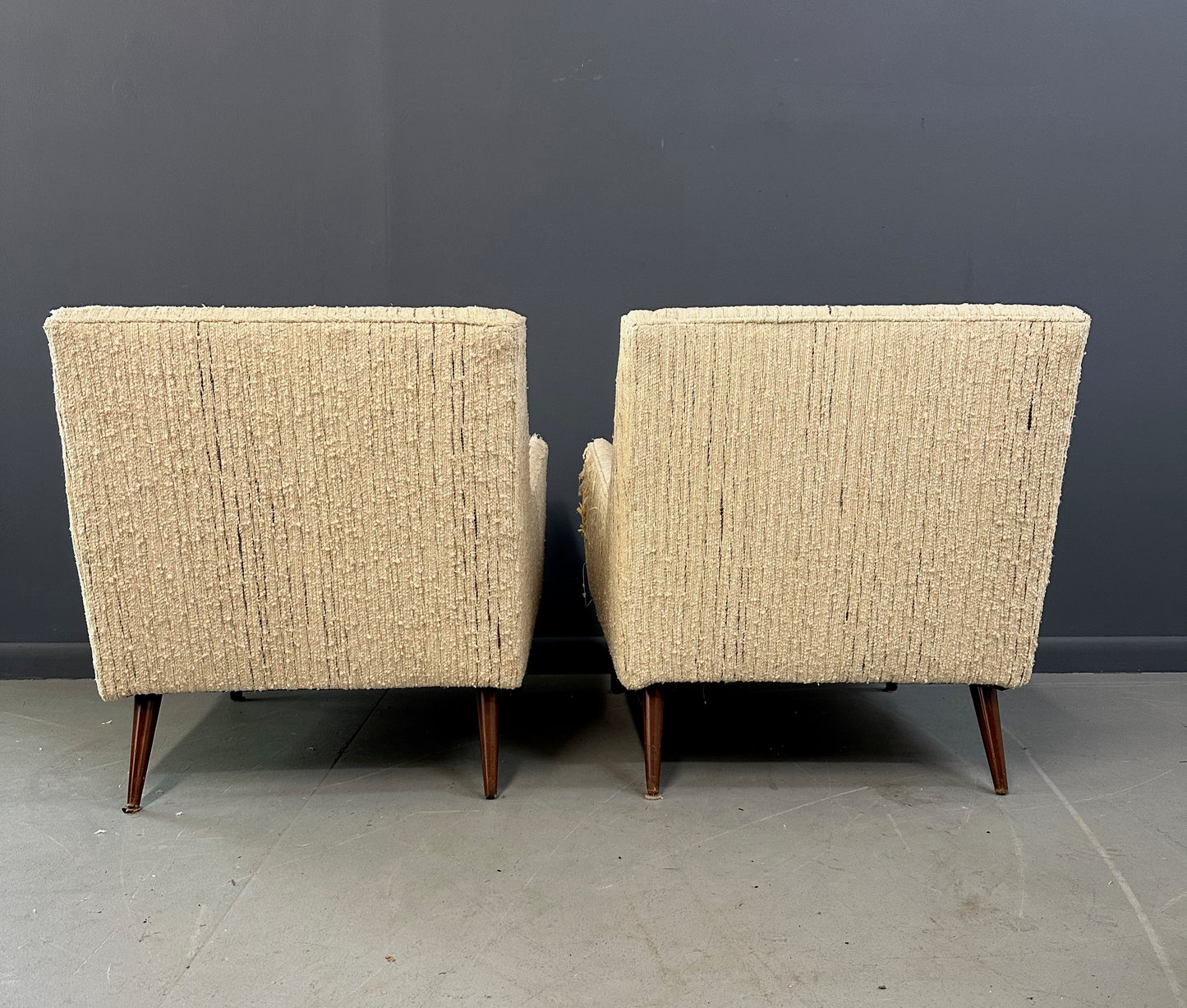 SOLD – Pair of Early Milo Baughman Style Mid Century Armchairs with Walnut Legs