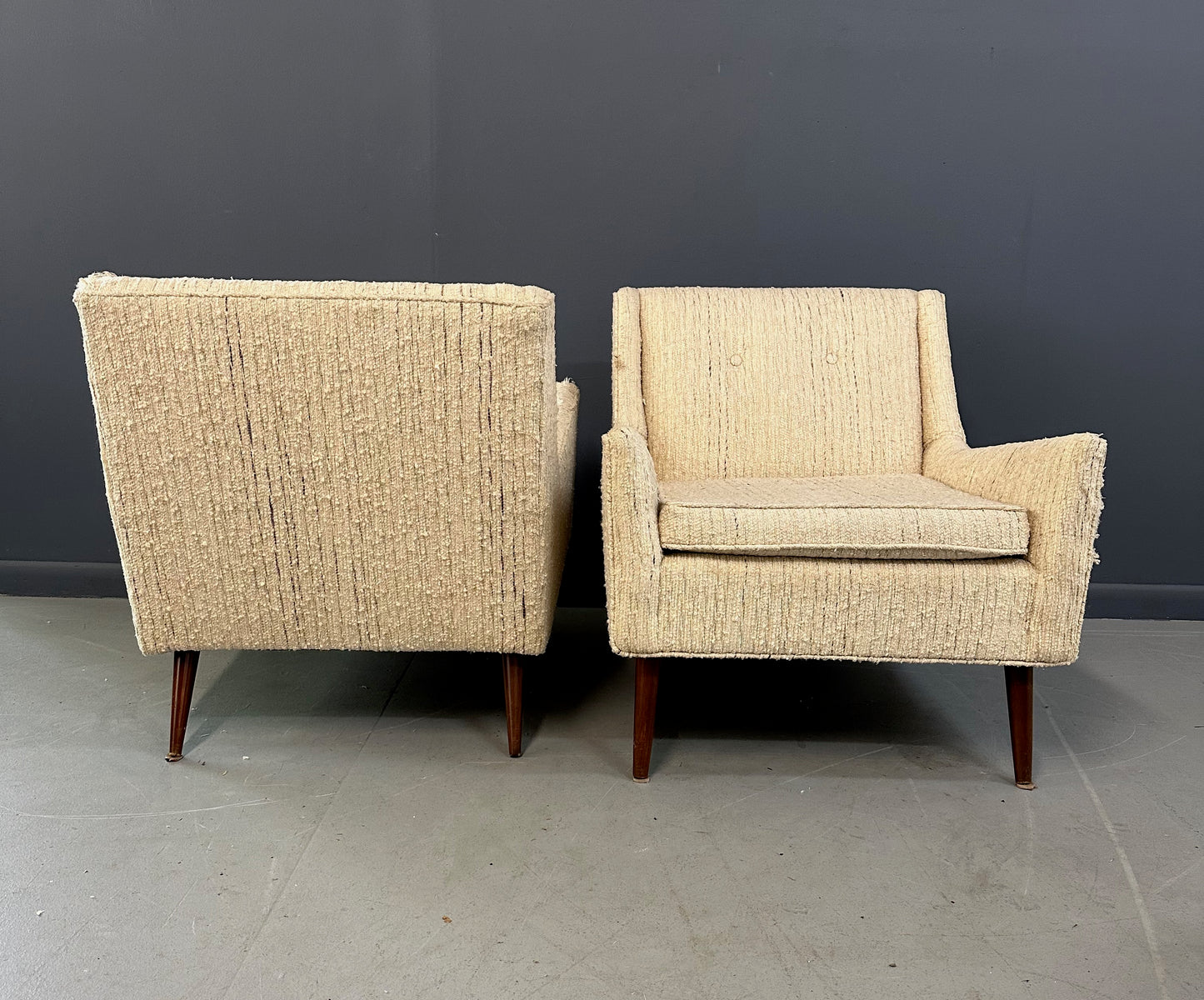 SOLD – Pair of Early Milo Baughman Style Mid Century Armchairs with Walnut Legs