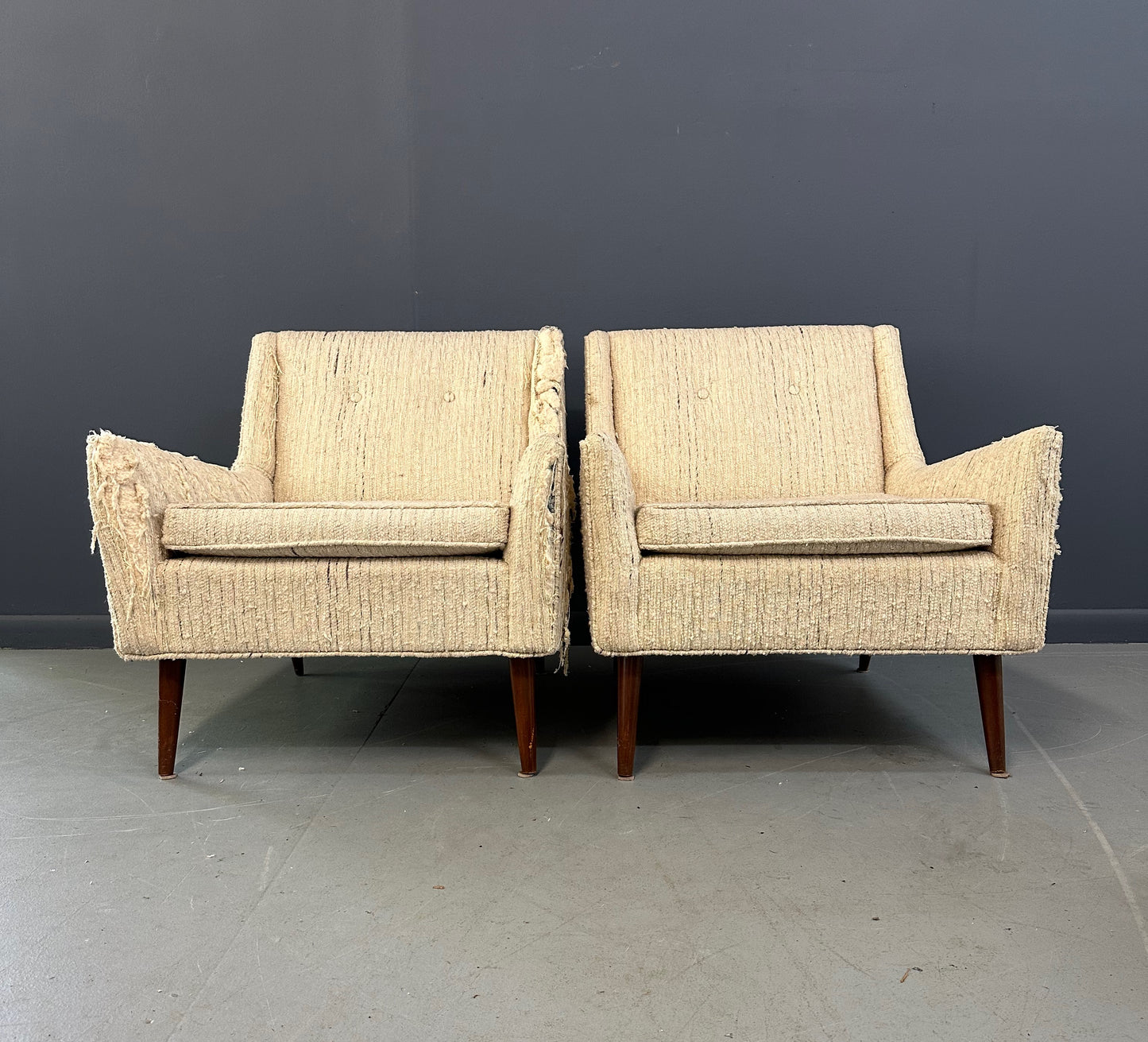 SOLD – Pair of Early Milo Baughman Style Mid Century Armchairs with Walnut Legs
