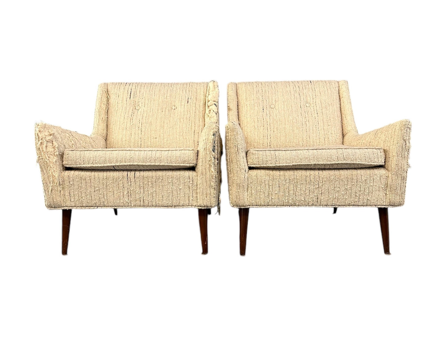 SOLD – Pair of Early Milo Baughman Style Mid Century Armchairs with Walnut Legs