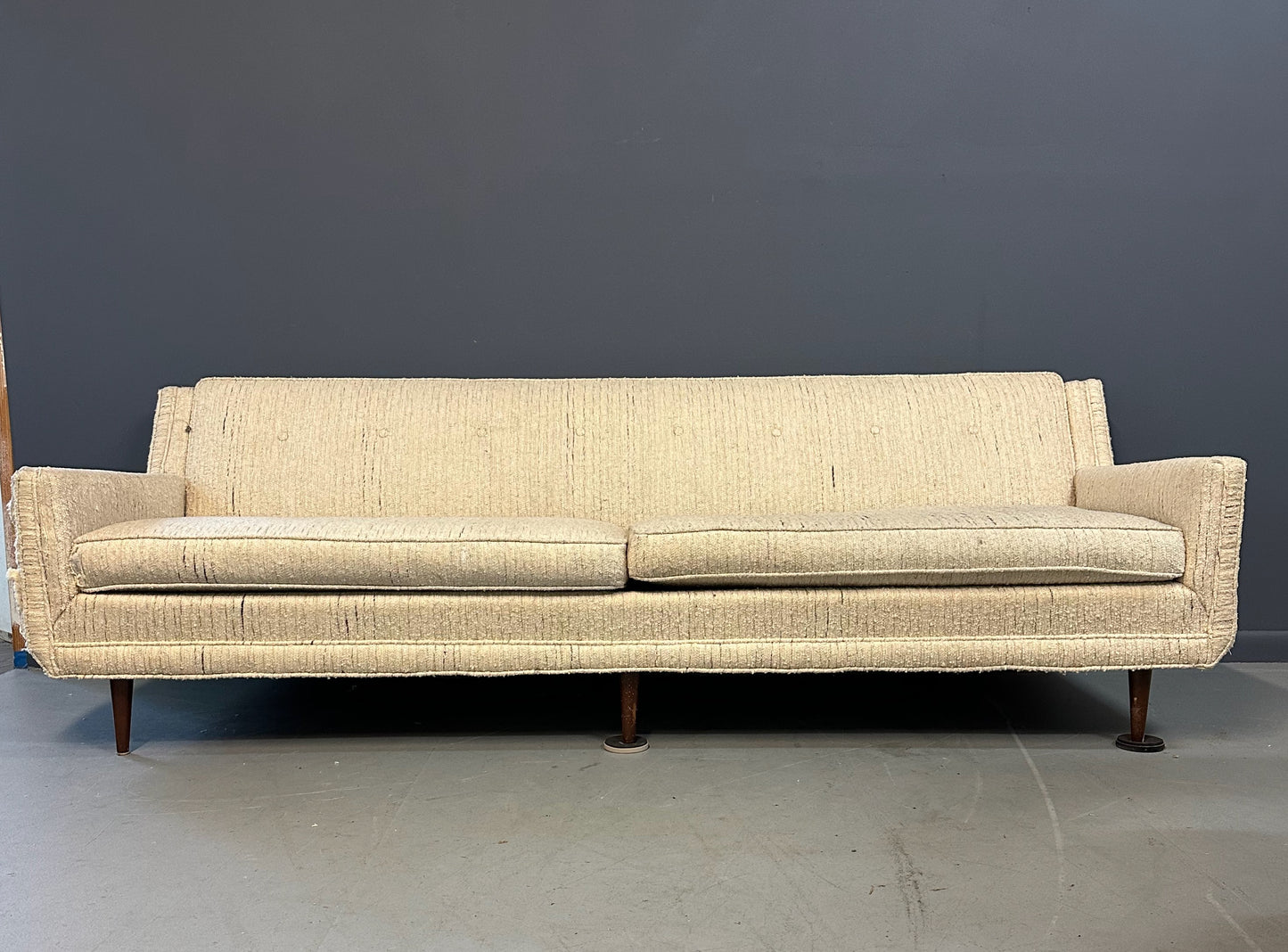 SOLD – Early Milo Baughman Style Mid Century Large Sofa on Walnut Legs