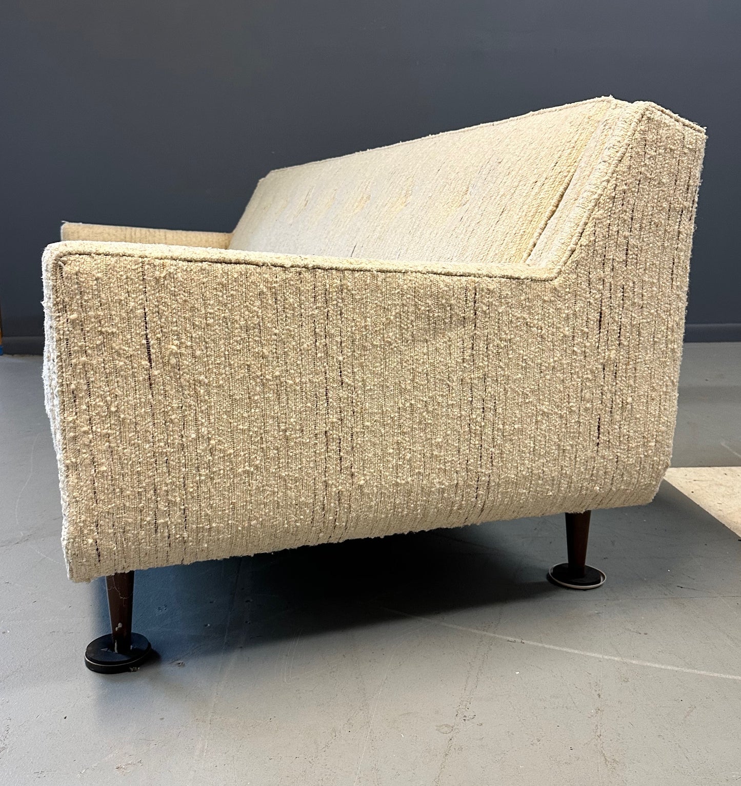SOLD – Early Milo Baughman Style Mid Century Large Sofa on Walnut Legs