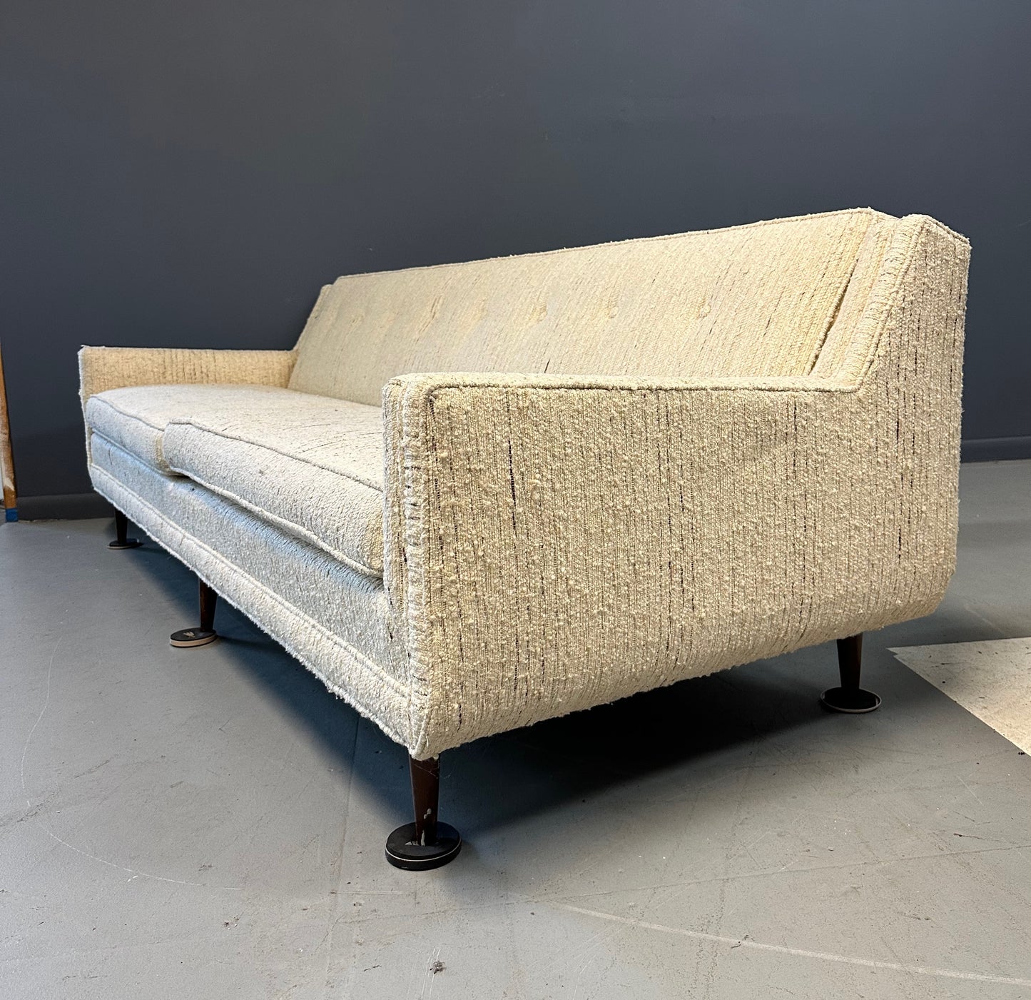 SOLD – Early Milo Baughman Style Mid Century Large Sofa on Walnut Legs