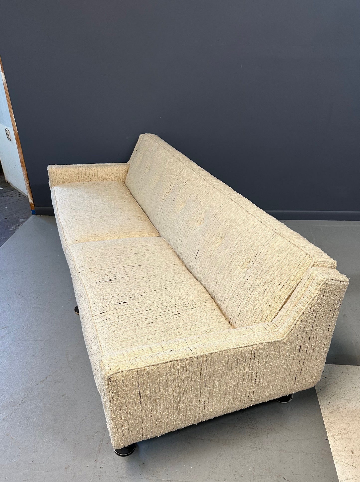 SOLD – Early Milo Baughman Style Mid Century Large Sofa on Walnut Legs