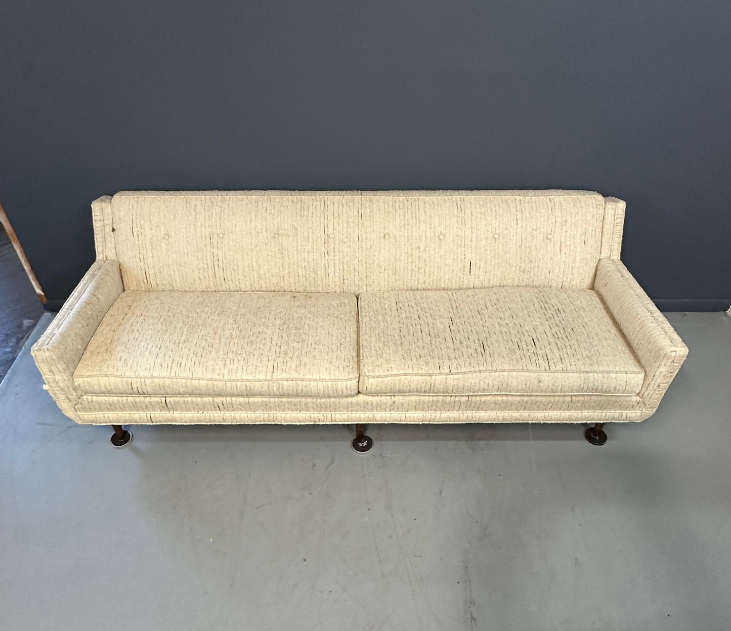 SOLD – Early Milo Baughman Style Mid Century Large Sofa on Walnut Legs