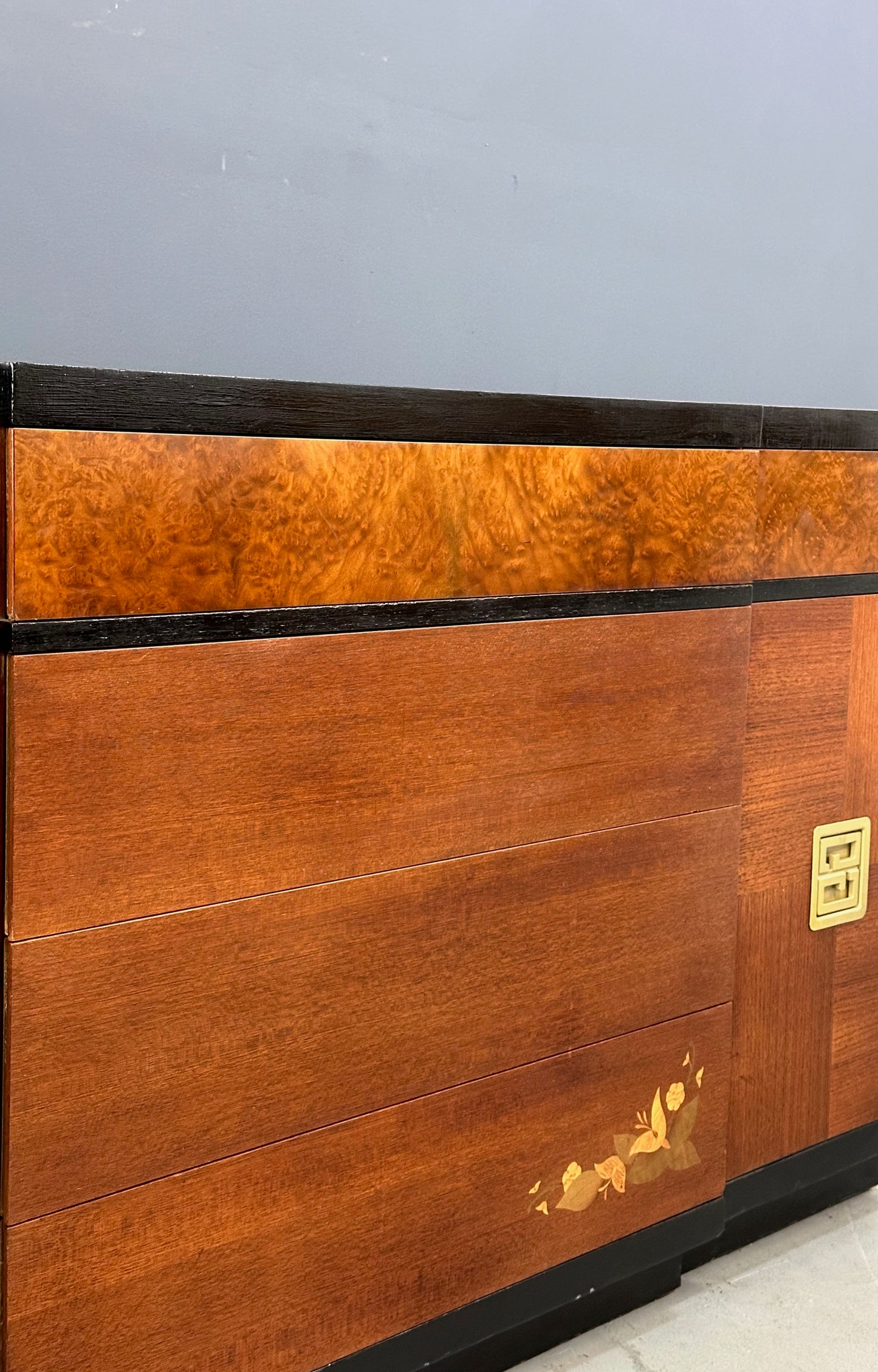 1940s Art Deco Vanleigh Walnut Server with Inlaid Flowers and Burl Accents