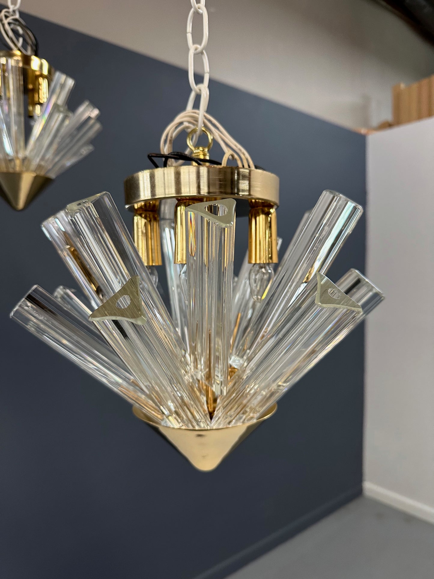 SOLD – Mid Century Pair of Murano Glass Tried & Glass Flushmount Pendants