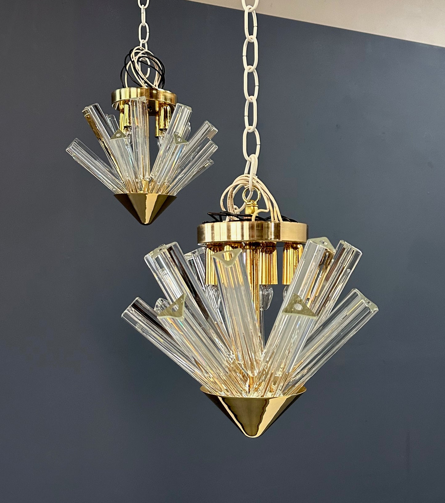 SOLD – Mid Century Pair of Murano Glass Tried & Glass Flushmount Pendants