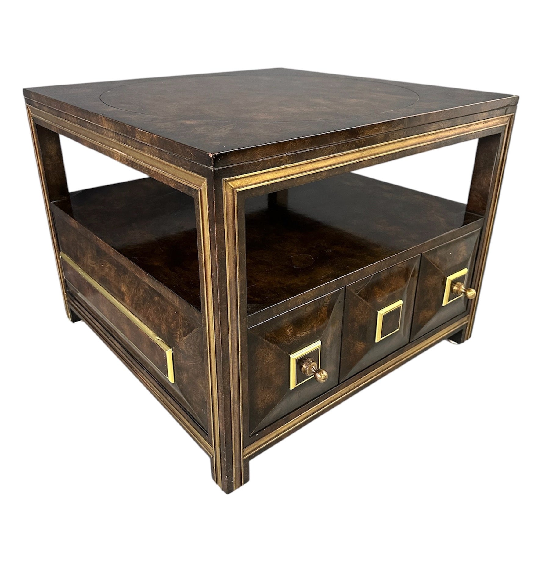Large Mastercraft end table or nightstand featuring rich burl elm wood, brass trim, open shelving, and a drawer with geometric brass pulls