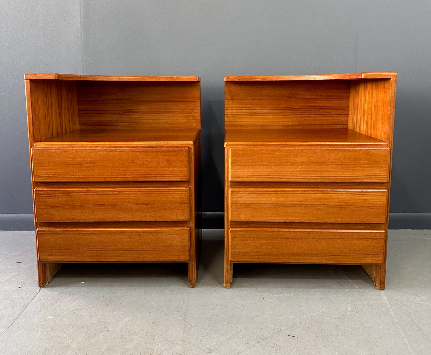 SOLD – Pair of Mobican Teak Midcentury Three Drawer Nightstands