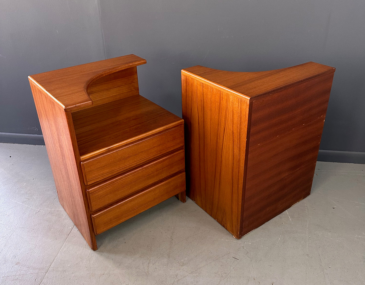 SOLD – Pair of Mobican Teak Midcentury Three Drawer Nightstands