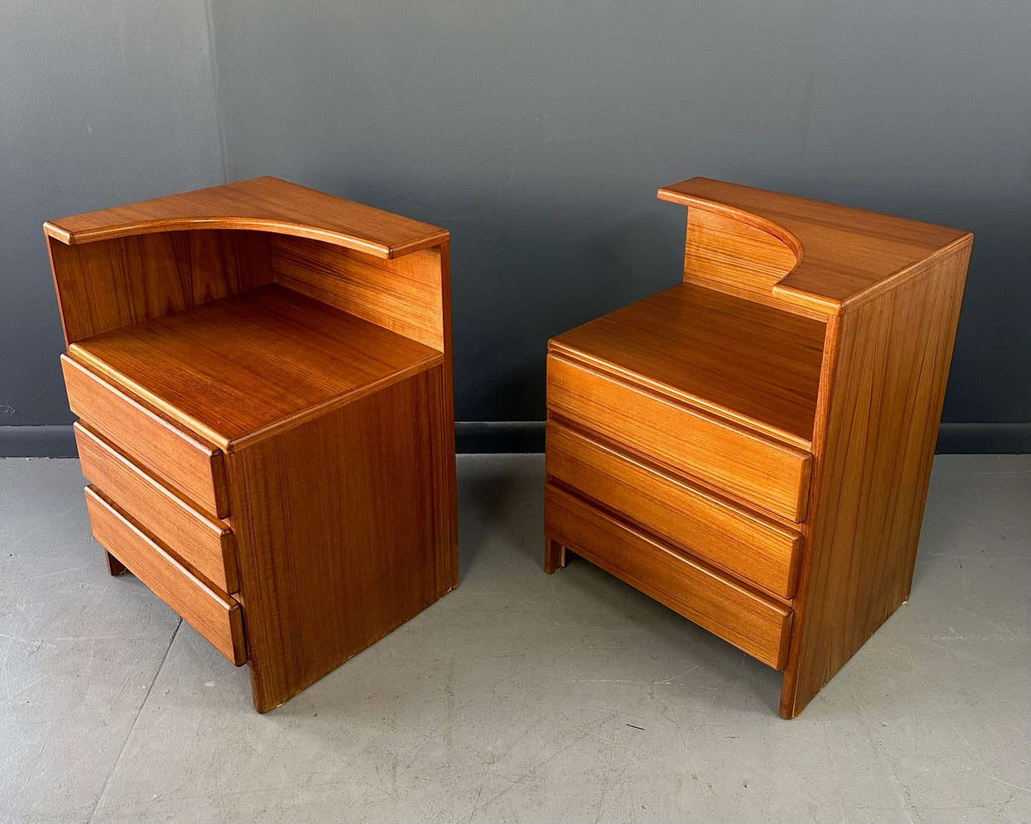 SOLD – Pair of Mobican Teak Midcentury Three Drawer Nightstands