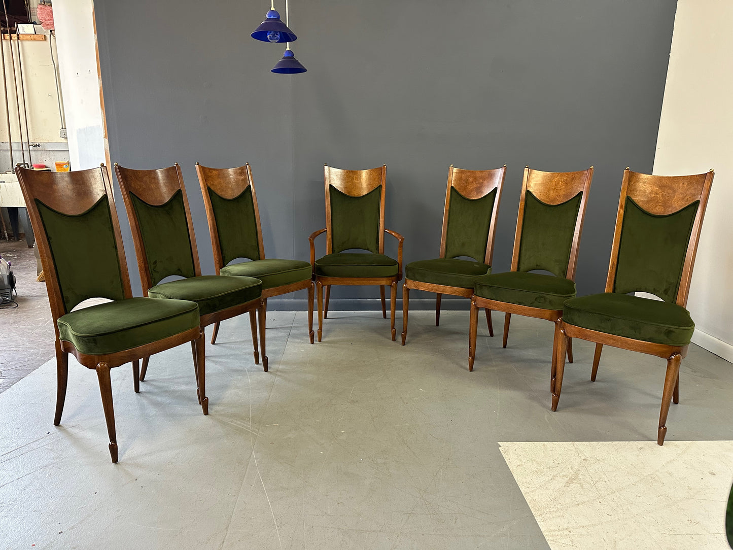 SOLD – Set of Seven Mastercraft Attributed Burl and Velvet Dining Chairs Hollywood Regency