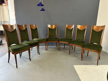 Load image into Gallery viewer, Set of Seven Mastercraft Attributed Burl and Velvet Dining Chairs Hollywood Regency