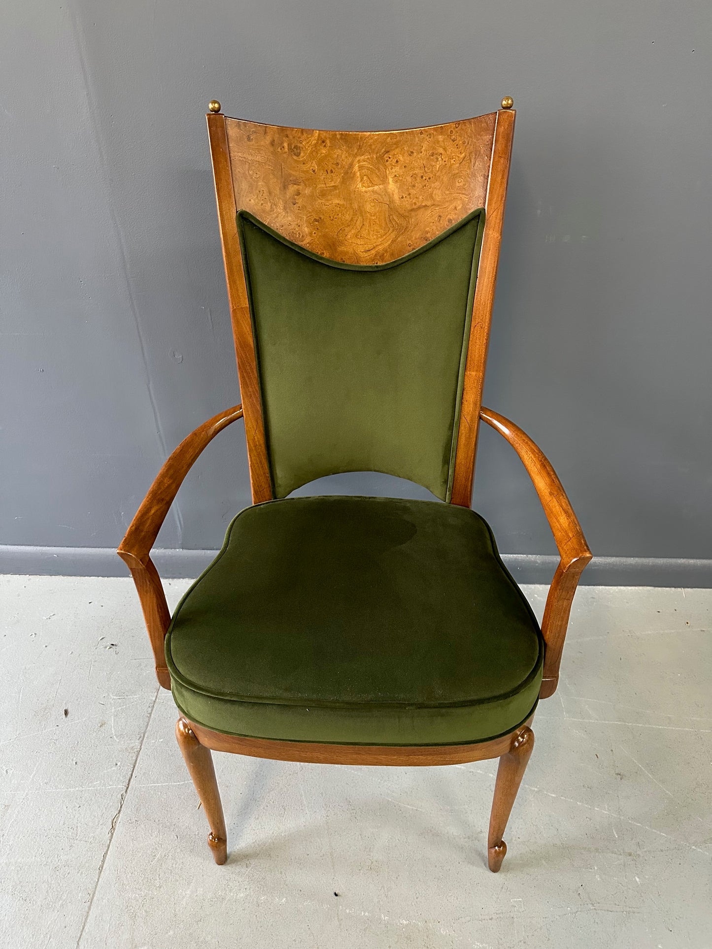 SOLD – Set of Seven Mastercraft Attributed Burl and Velvet Dining Chairs Hollywood Regency