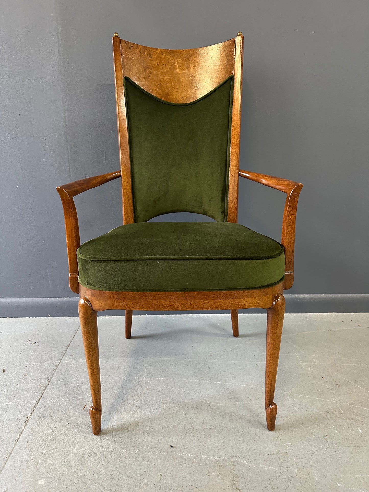 SOLD – Set of Seven Mastercraft Attributed Burl and Velvet Dining Chairs Hollywood Regency