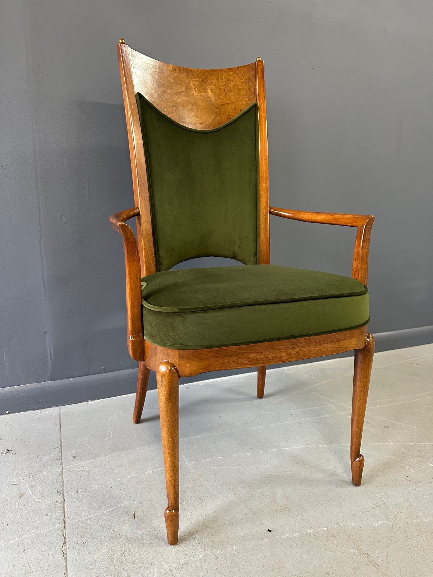 SOLD – Set of Seven Mastercraft Attributed Burl and Velvet Dining Chairs Hollywood Regency