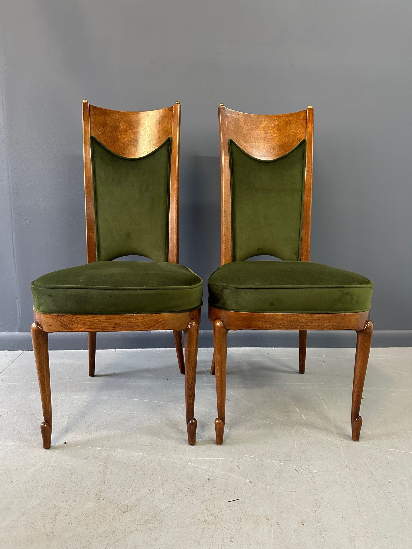 SOLD – Set of Seven Mastercraft Attributed Burl and Velvet Dining Chairs Hollywood Regency
