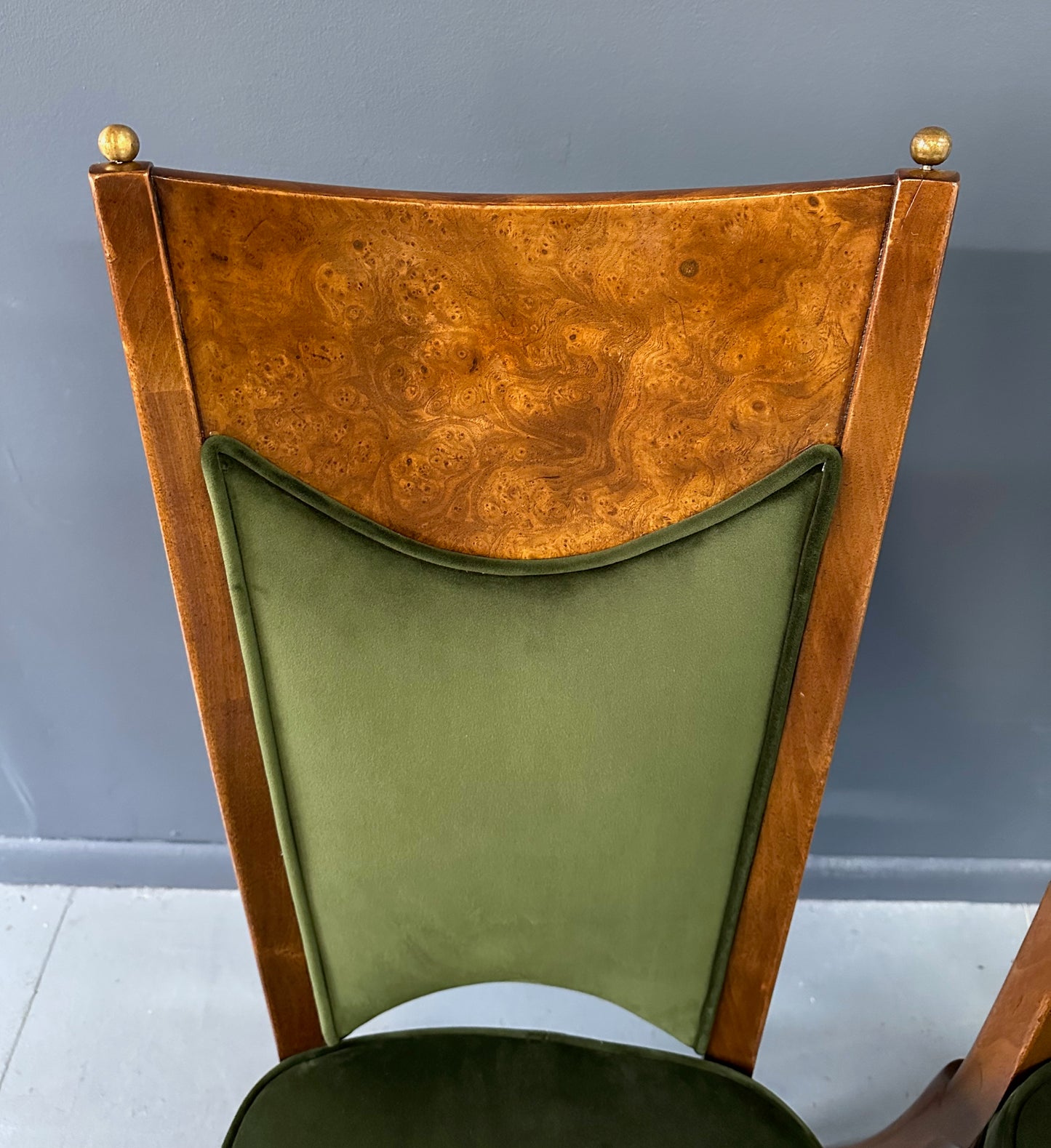 SOLD – Set of Seven Mastercraft Attributed Burl and Velvet Dining Chairs Hollywood Regency
