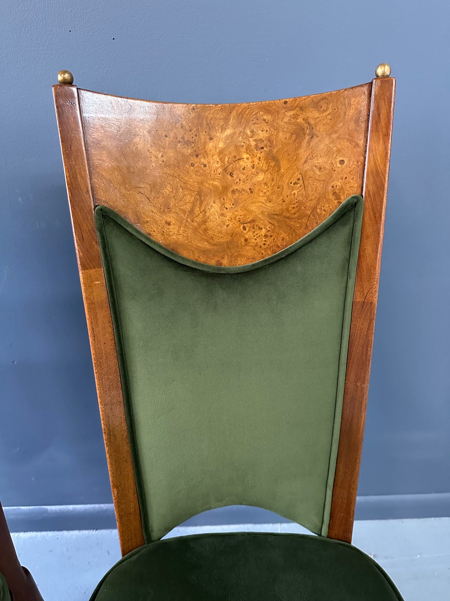 SOLD – Set of Seven Mastercraft Attributed Burl and Velvet Dining Chairs Hollywood Regency
