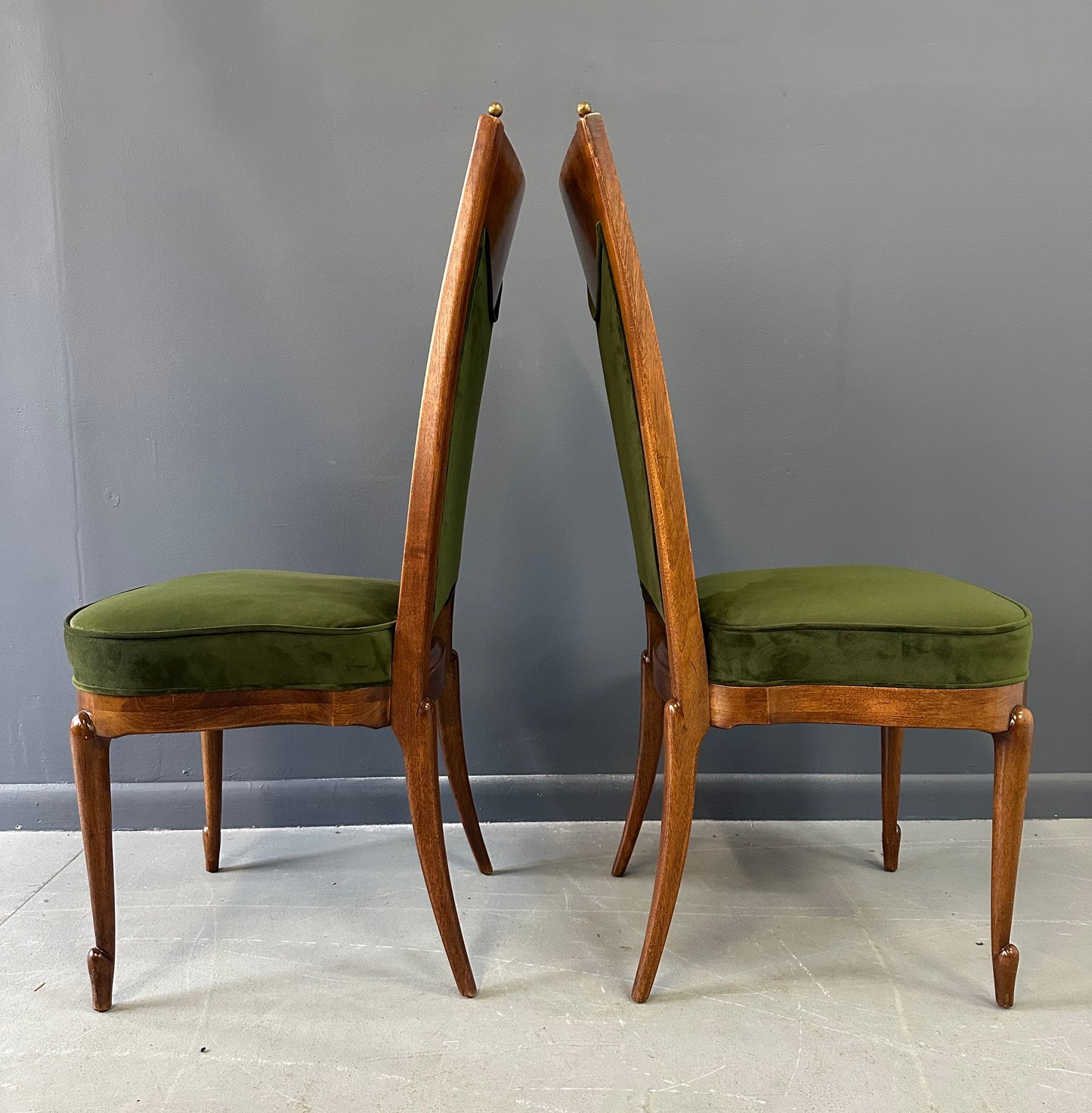 SOLD – Set of Seven Mastercraft Attributed Burl and Velvet Dining Chairs Hollywood Regency