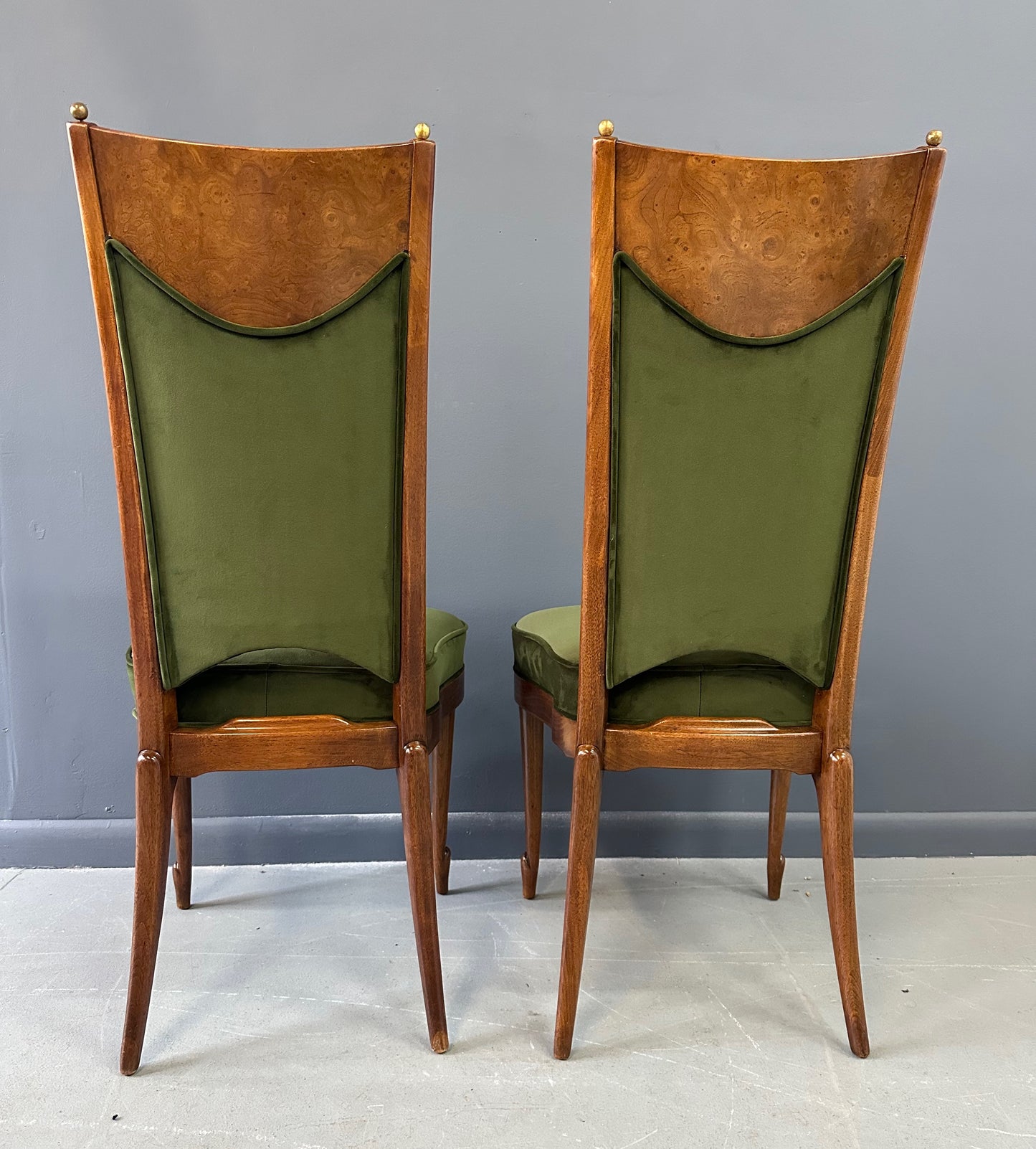 SOLD – Set of Seven Mastercraft Attributed Burl and Velvet Dining Chairs Hollywood Regency