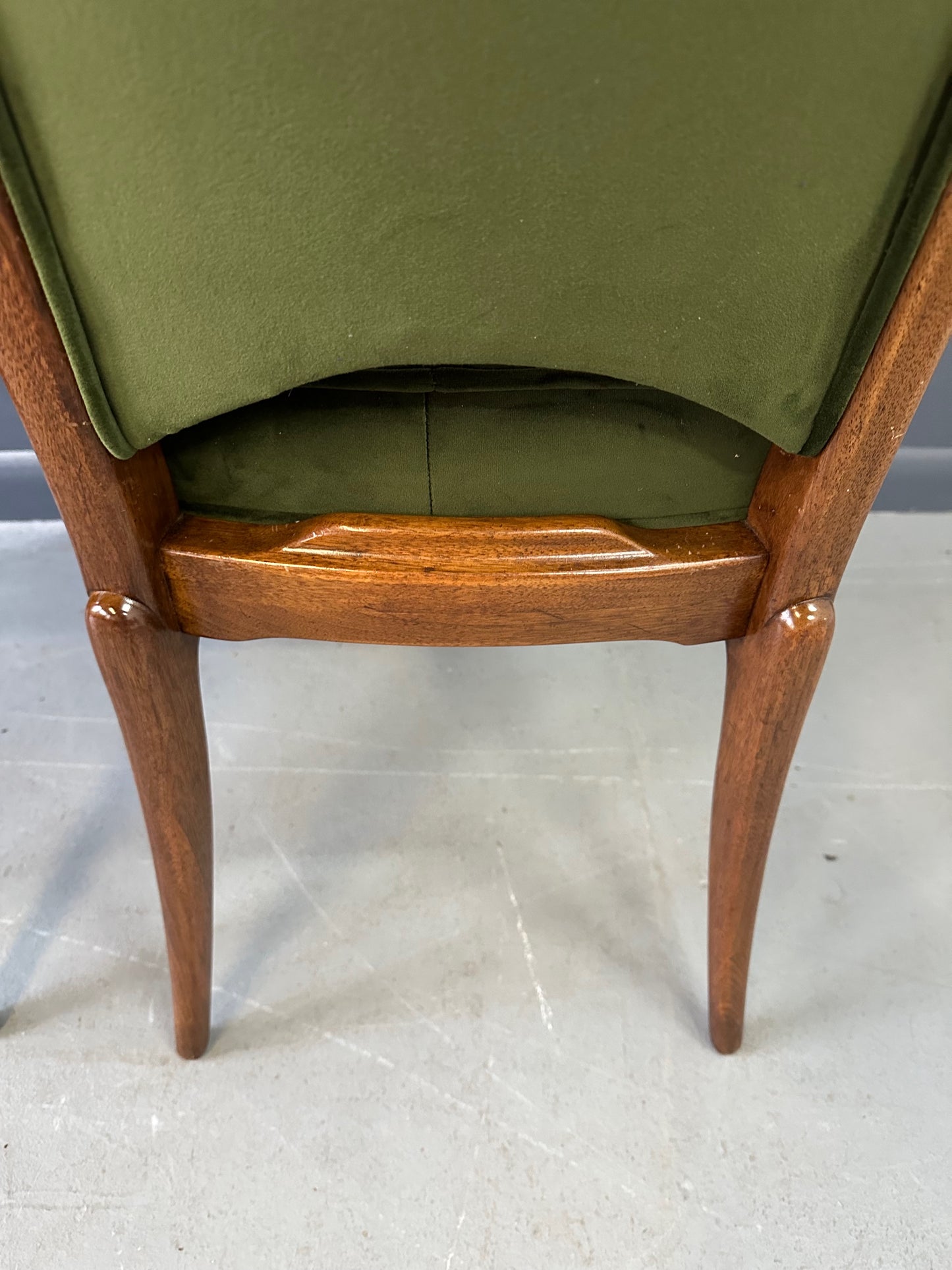 SOLD – Set of Seven Mastercraft Attributed Burl and Velvet Dining Chairs Hollywood Regency
