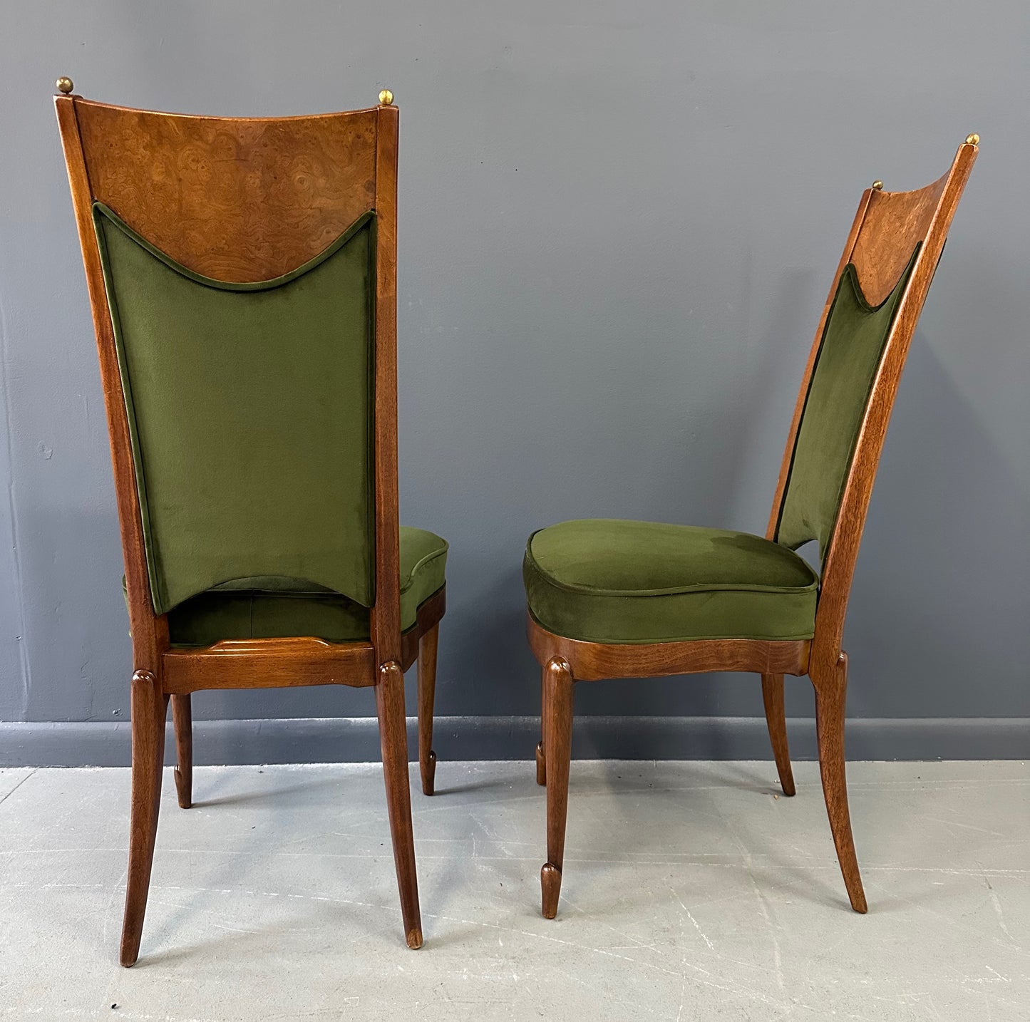 SOLD – Set of Seven Mastercraft Attributed Burl and Velvet Dining Chairs Hollywood Regency