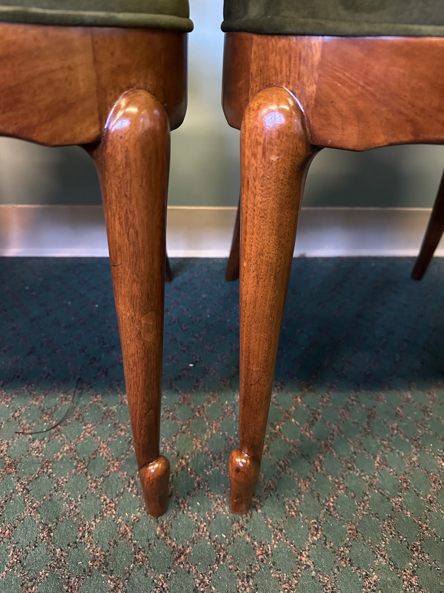 SOLD – Set of Seven Mastercraft Attributed Burl and Velvet Dining Chairs Hollywood Regency