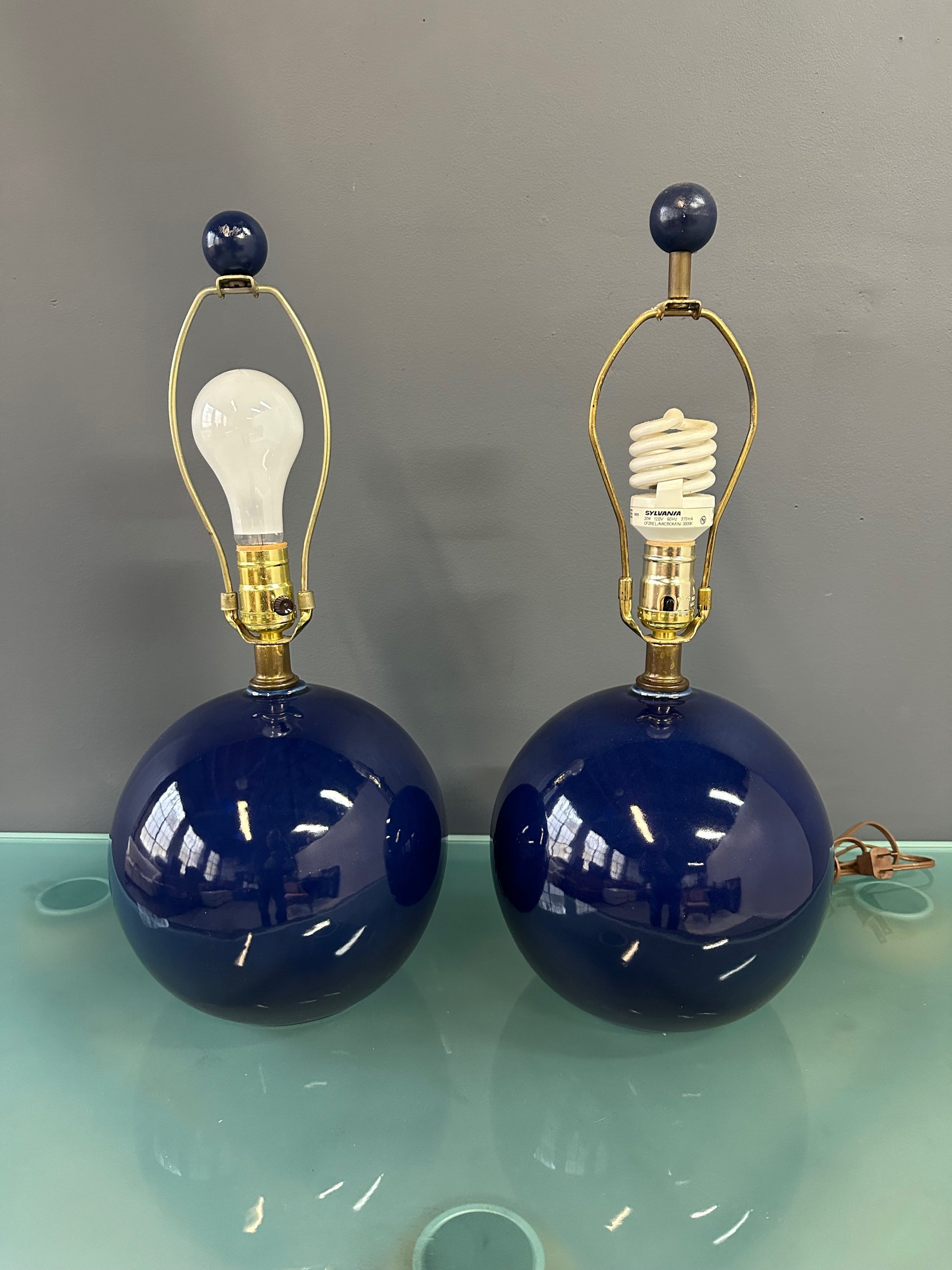 Pair of Mid-Century Mar-Kel Lighting Table Lamps Featuring Deep Blue Spherical Glazed Ceramic Bases with Brass Hardware and Harps