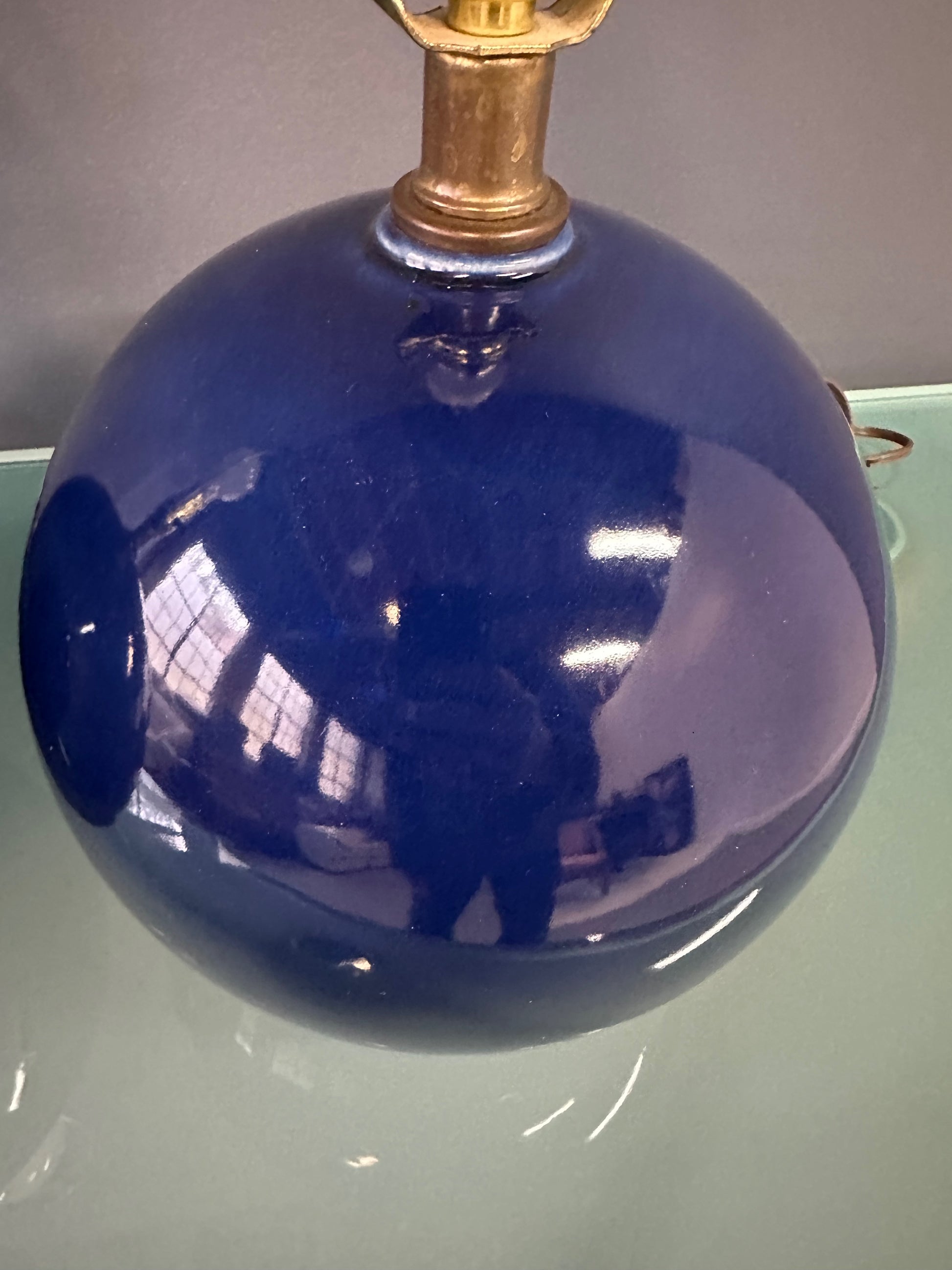 Pair of Mid-Century Mar-Kel Lighting Table Lamps Featuring Deep Blue Spherical Glazed Ceramic Bases with Brass Hardware and Harps