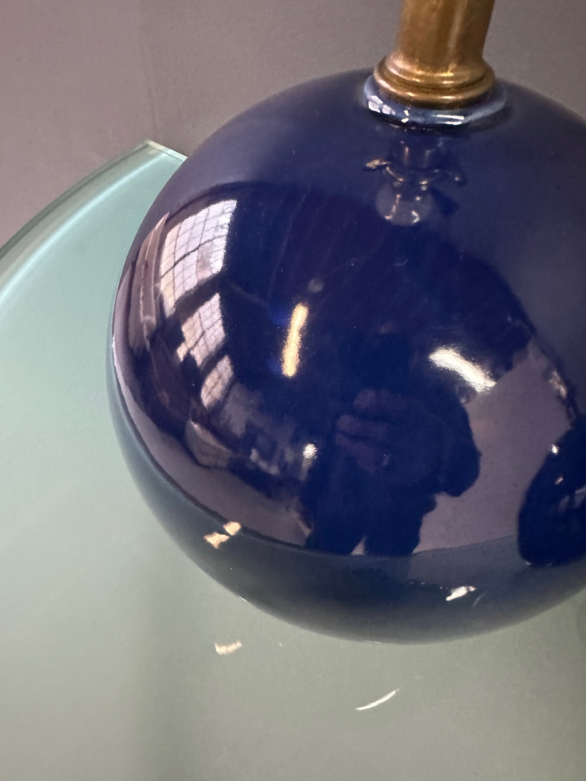 Pair of Mid-Century Mar-Kel Lighting Table Lamps Featuring Deep Blue Spherical Glazed Ceramic Bases with Brass Hardware and Harps