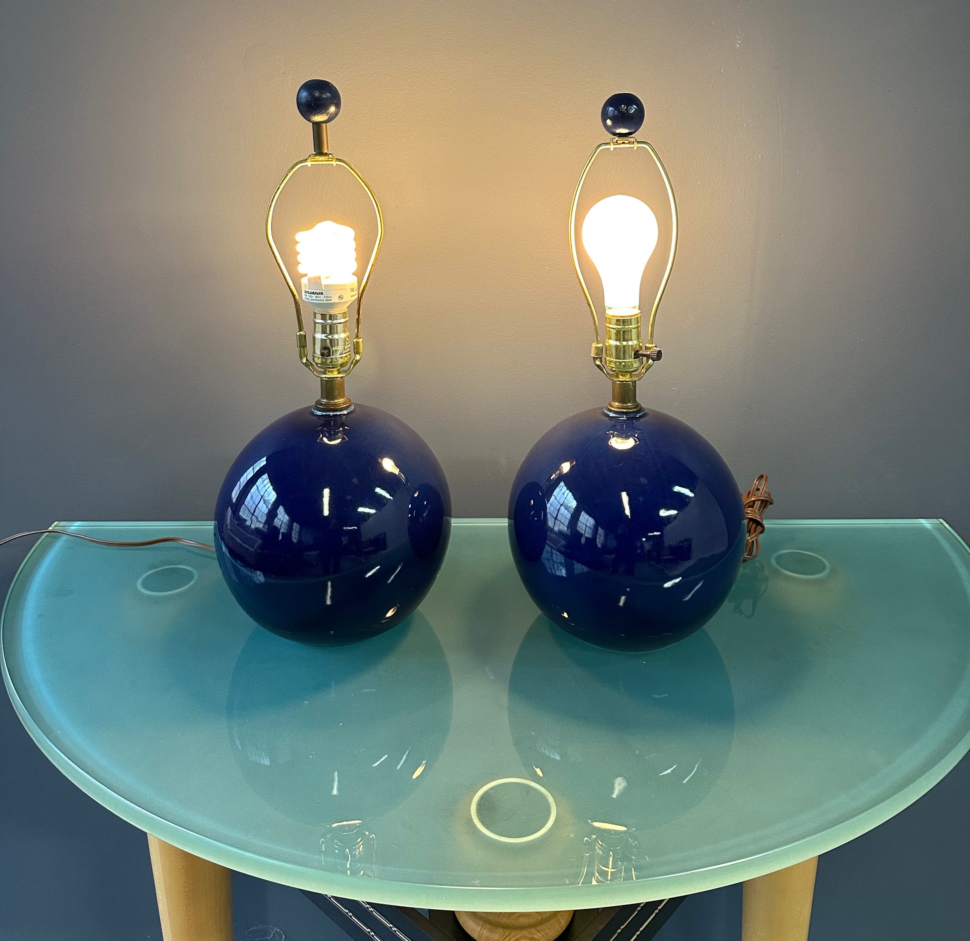 Pair of Mid-Century Mar-Kel Lighting Table Lamps Featuring Deep Blue Spherical Glazed Ceramic Bases with Brass Hardware and Harps
