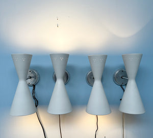 Set of Four Litecraft Mid Century Sconces in White and Chrome with Pinhole Design